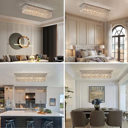 7PM Chandeliers for Dining Room, Crystal Ceiling Light Rectangle Crystal Chandelier Flush Mount for Living Room 40"x10"x10"
