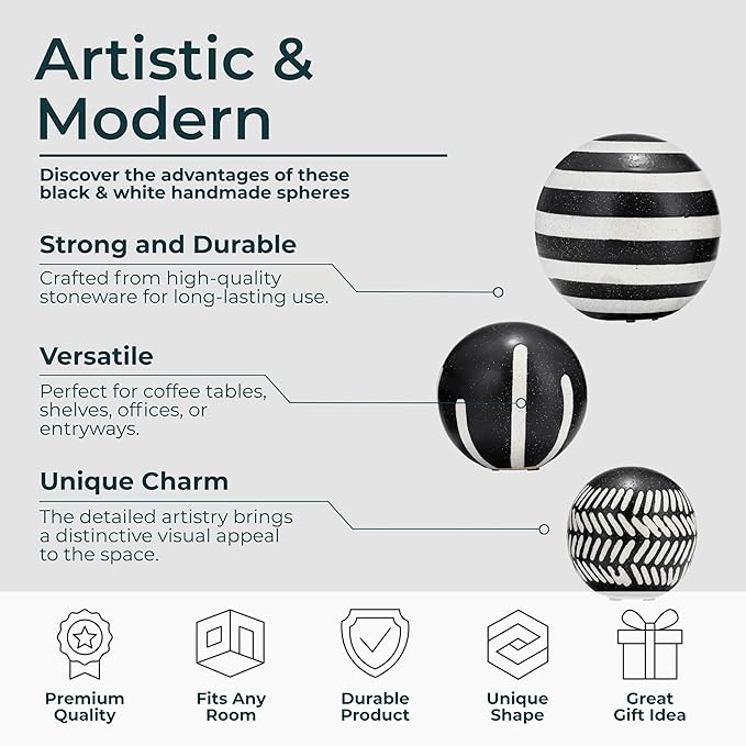 Patterned Ceramic Orbs for Home Decor Styling - Geometric Sculpture for Bathroom, Office, and Living Room Centerpiece - Ornaments Accent for Coffee Table Display - Set of 3, 6", 5", 4", Black & White