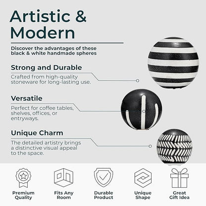 Patterned Ceramic Orbs for Home Decor Styling - Geometric Sculpture for Bathroom, Office, and Living Room Centerpiece - Ornaments Accent for Coffee Table Display - Set of 3, 6", 5", 4", Black & White