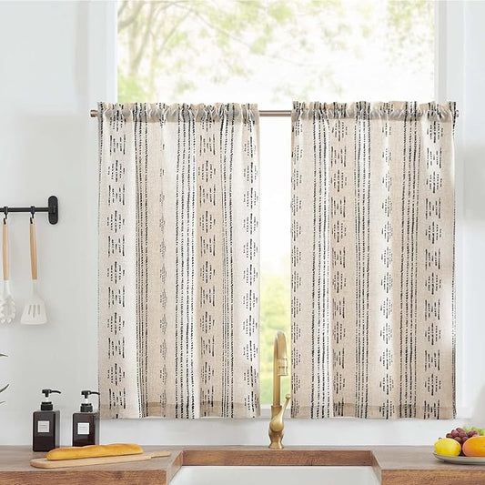 jinchan Boho Kitchen Curtains Linen Tier Curtains 45 Inches Bohemian Cafe Small Drapes Striped Mudcloth Farmhouse for Bathroom RV Camper Light Filtering Rod Pocket 2 Panels Black on Beige