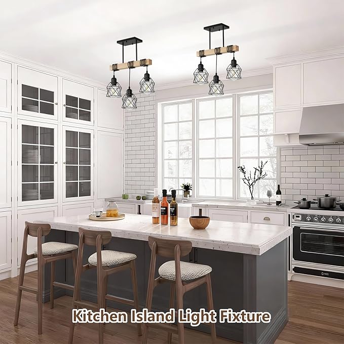 3 Light Farmhouse Ceiling Light,Pendant Light Kitchen Island,Dining Room Chandelier Light Fixture Over Table,Rustic Hanging Light for Kithen,Dining Room,Real Wood,Black Metal Cage
