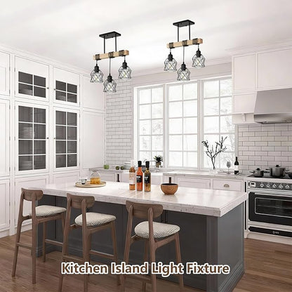 3 Light Farmhouse Ceiling Light,Pendant Light Kitchen Island,Dining Room Chandelier Light Fixture Over Table,Rustic Hanging Light for Kithen,Dining Room,Real Wood,Black Metal Cage
