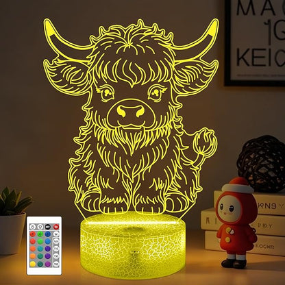 OkiyiD Highland Cow Gifts for Boys Girls,Highland Cow Night Light 3D Illusion lamp with 16 Colors Changing,Moo Decor for Kids Room Decor Birthday Gifts