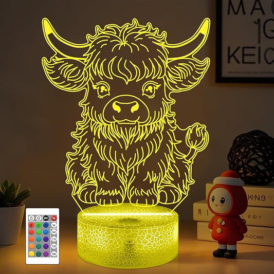 OkiyiD Highland Cow Gifts for Boys Girls,Highland Cow Night Light 3D Illusion lamp with 16 Colors Changing,Moo Decor for Kids Room Decor Birthday Gifts