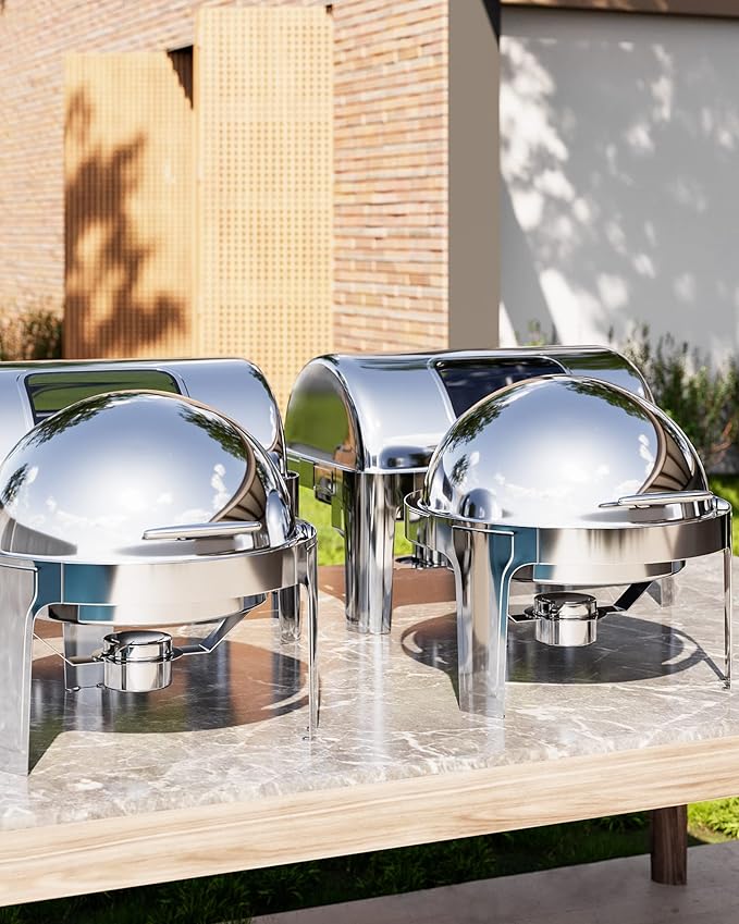 Takywep Roll Top Chafing Dish Buffet Set 6 QT,Stainless Steel Chafer Round Catering Food Warmer and Server with Lid Water Pan Stand Fuel Holder for Wedding,Parties,Events and Catering