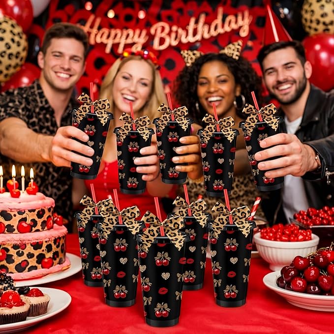 12 Sets Cherry Cheetah Print Party Supplies 24 oz Reusable Cherry Leopard Print Party Plastic Cup and Cheetah Bow Bulk Let's Get Wild Themed Drinking Cup for Birthday Baby Shower Decoration