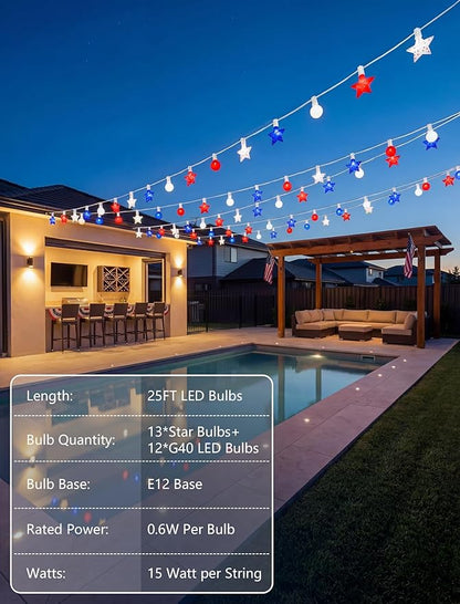 25FT Patriotic String Lights Outdoor, 25 LED Red White and Blue Star & G40 Globe String Lights, End-to-End Connectable for 4th of July Independence Day Decorations, Patriotic Anniversary, White Wire