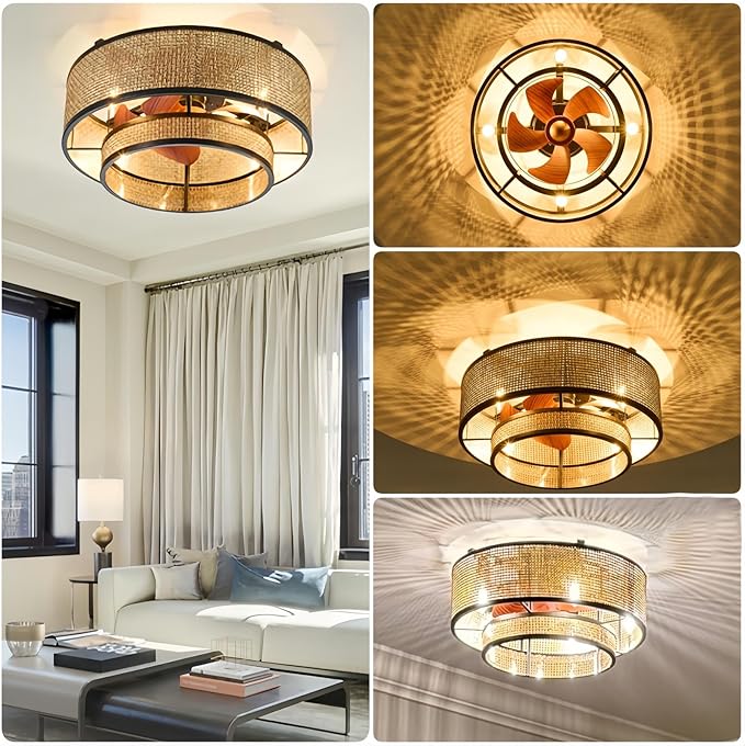 18.9" Boho Caged Ceiling Fan with Lights Remote, 4-Light Vintage Rattan Woven Chandelier Fan with Light Reversible Motor, Chandelier Ceiling Fan for Bedroom, Living Room