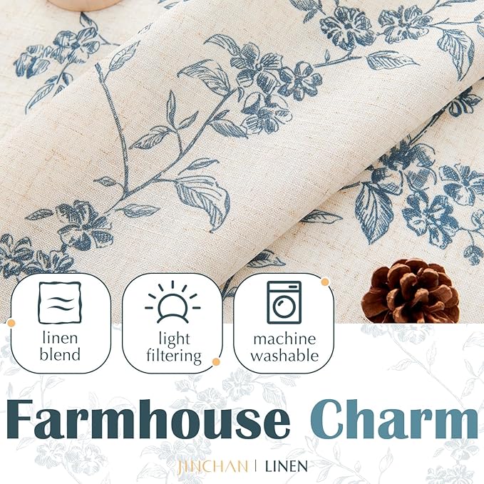 jinchan Floral Kitchen Curtains 30 Inch Linen Tier Curtains Farmhouse Cafe Half Window Drapes Over Sink Light Filtering Blue on Beige for Living Room Laundry RV Rod Pocket 2 Panels