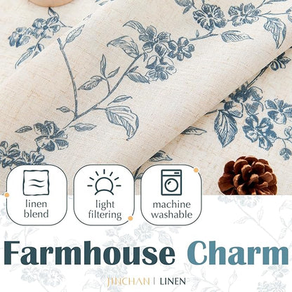 jinchan Floral Kitchen Curtains 30 Inch Linen Tier Curtains Farmhouse Cafe Half Window Drapes Over Sink Light Filtering Blue on Beige for Living Room Laundry RV Rod Pocket 2 Panels