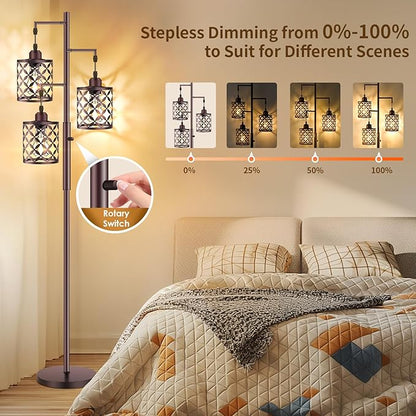 Dimmable Floor Lamp, Farmhouse Standing Lamp with Elegant Metal Cage, Industrial Tall Tree Floor Lamps for Living Room, Bedroom, Study Room, Office, 3 x 800LM LED Bulbs Included, 72", Brown