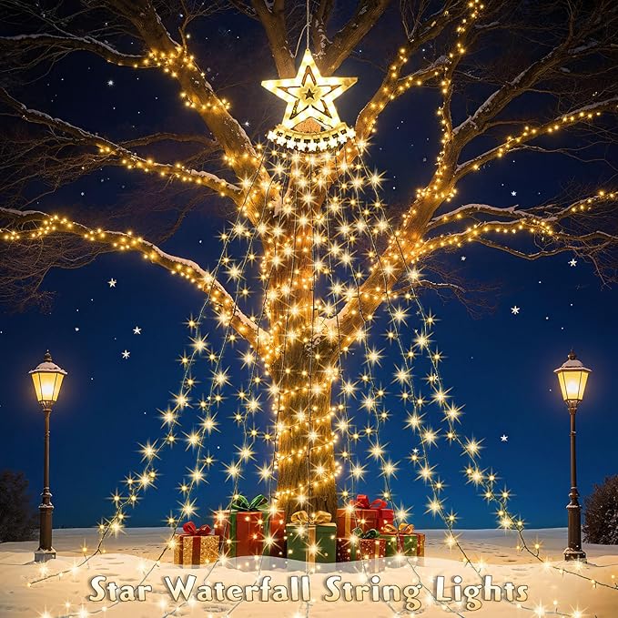 Star String Lights, 350 LED Tree Waterfall Fairy Lights, Outdoor Waterproof Christmas Decoration Lights with Remote, 16FT X 9 Hanging LED Lamp for Garden Yard Wedding Birthday Festival, Warm Yellow