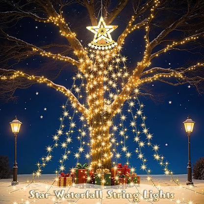 Star String Lights, 350 LED Tree Waterfall Fairy Lights, Outdoor Waterproof Christmas Decoration Lights with Remote, 16FT X 9 Hanging LED Lamp for Garden Yard Wedding Birthday Festival, Warm Yellow