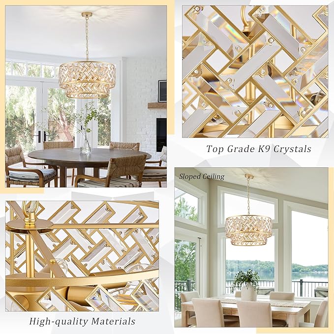 CATINER Gold Crystal Chandelier, 8-Light Drum Semi Flush Mount Ceiling Light, 24'' Luxury Brass Tone Pendant Fixture for Dining Room, Living Room, Kitchen, Foyer, Bedroom