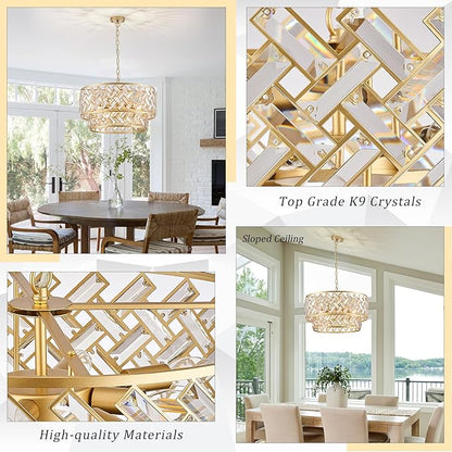 CATINER Gold Crystal Chandelier, 8-Light Drum Semi Flush Mount Ceiling Light, 24'' Luxury Brass Tone Pendant Fixture for Dining Room, Living Room, Kitchen, Foyer, Bedroom