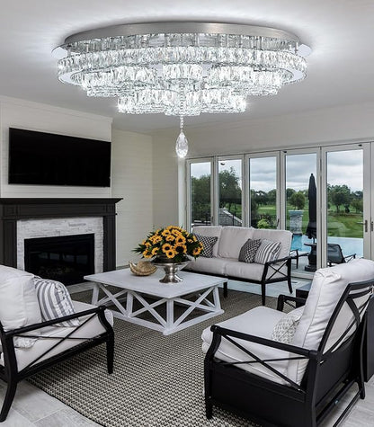 Modern Chandeliers for Living Room Crystal Chandelier Ceiling Light Fixture LED Dimmable with Remote Pendant Lighting Flush Mount Lighting for Dining Room Bedroom Silver