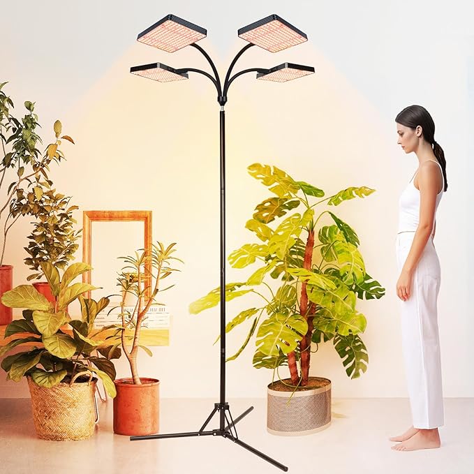 FECiDA 2026 4Head Grow Lights with Upgraded Stand, Big Coverage Grow Lights for Indoor Large Plants, Bonsai Tree, 4/8/12/16/20 Hr Timer, 100 Watt Power Draw, NO Need Adapter, 24"-76" Height Adjustable