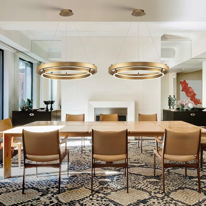 LED 2 Ring Brass Gold Chandelier Dimmable Up Down Light Chandelier Modern Round Chandeliers Light Circular Chandeliers for Foyer Dining Room Entry Bedroom Office Living Room