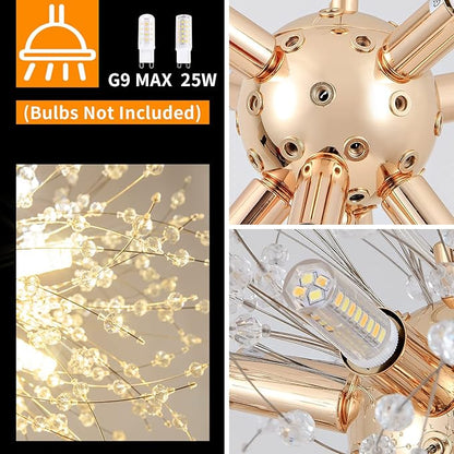 CM MZY Modern Crystal Chandeliers Firework, 8-Light Gold Dandelion Sputnik Ceiling Light Fixtures, Sputnik Chandelier for Bedroom Living Room Dining Room Kitchen Island Hallway