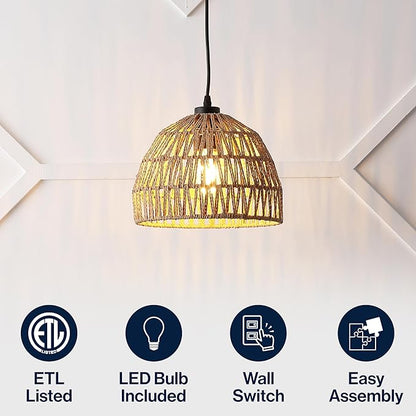 JONATHAN Y 10.25" Brown Modern Bohemian Woven Rope LED Pendant Light Fixture, Adjustable Dome Ceiling Lamp for Kitchen Island, Rope Shade, Coastal Farmhouse Decor (JYL6513E)