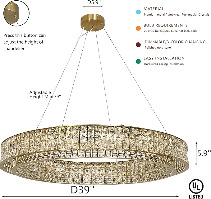 Modern Crystal Chandelier Round 20-Light Contemporary Hanging Ceiling Light Fixture Copper/Brass Finish with Rectangular Crystals Dining Room Living Room Bedroom Entryway Lighting Easy Install 39''