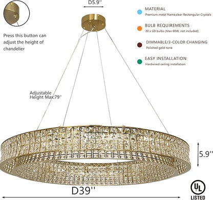 Modern Crystal Chandelier Round 20-Light Contemporary Hanging Ceiling Light Fixture Copper/Brass Finish with Rectangular Crystals Dining Room Living Room Bedroom Entryway Lighting Easy Install 39''