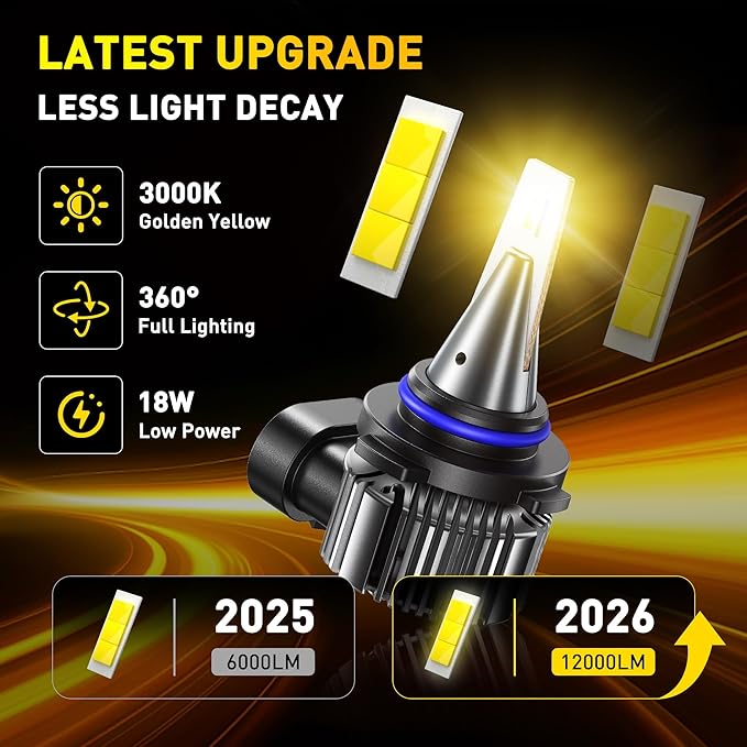 AUXITO 9006/HB4 3000K Golden Yellow LED Fog Light Bulbs 18000LM, 1000% Brighter Amber Fog Lights Kit, 1:1 OEM Replacement for Cars Trucks SUVs, 3-Min Install, IP68 Waterproof, Pack of 2