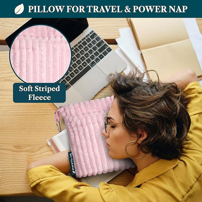 PAVILIA Travel Blanket Pillow in Soft Bag with Pockets, Airplane Blanket Set, Plane Blanket Compact Packable, Flight Essentials Car Pillow, Travelers Accessories Gifts, Luggage Strap, Light Pink