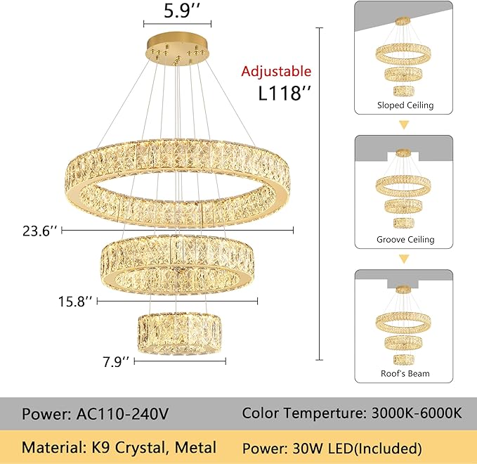 Modern Crystal Chandelier 36W Dimmable LED Ceiling Light Fixture with Remote Luxury Adjustable Pendant Light for Living Room Dining Room Gold
