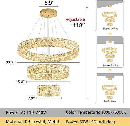 Modern Crystal Chandelier 36W Dimmable LED Ceiling Light Fixture with Remote Luxury Adjustable Pendant Light for Living Room Dining Room Gold