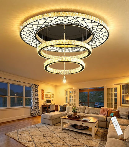 HAIXIANG Crystal Glam Chandelier LED Ceiling Light Living Room Lighting Fixtures Remote Dimmable Ceiling Chandeliers 40 Inches Large Light Black