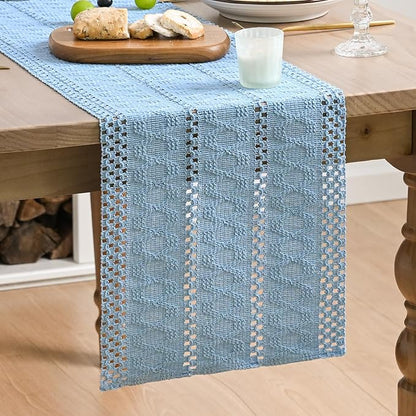 Artoid Mode Sky Blue Farmhouse Woven Rustic Hollow Table Runner, Seasonal Holiday Hollow Kitchen Dining Table Decoration for Home Party Decor 12x90 Inch