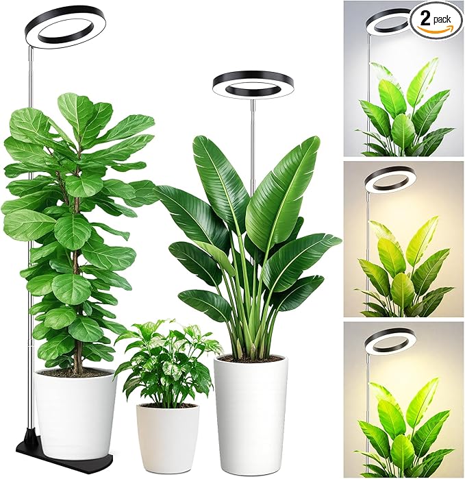LBW Grow Lights for Indoor Plants, 6.3" Full Spectrum Plant Light with Base, 59" Height Adjustable Grow Lamp, 6/8/12/16H Auto Timer, 3 Colors, 5 Dimmable Levels, for Tall Large Plants, Black, 2 Pack