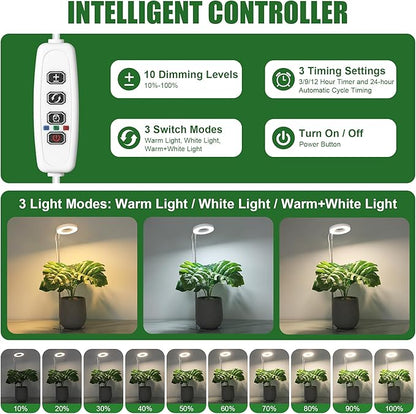 3.54" White Grow Light, Full Spectrum Plant Lights for Indoor Growing with 3/9/12H Timer, 3 Color Modes, 10 Brightness, 6.6"-24.8" Height Adjustable, Small Halo Grow Light with Base, 2 Pack