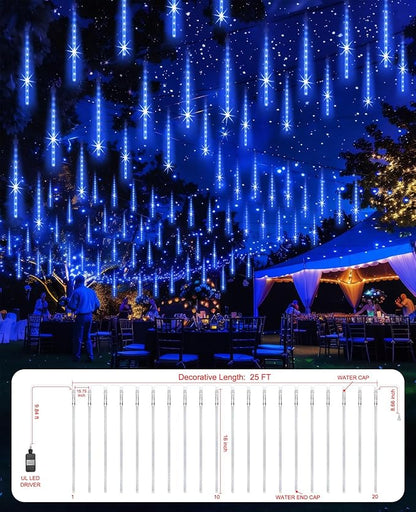 EAGWELL Christmas Lights Outdoor 16 Inch Meteor Shower Rain String Lighting, 20 Tube 960 LEDs Icicle Tree String Decor for Halloween Yard Party Patio Xmas Decoration,Blue