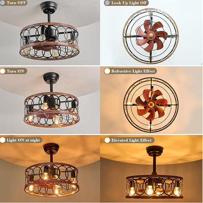 19" Industrial Caged Ceiling Fans with Light 4-Lights Farmhouse Flush Mount Fandelier Walnut Wood Metal Chandelier Fan Remote 6 Wind Speed Reversible for Bedroom Dining/Living Room Kitchen Entry