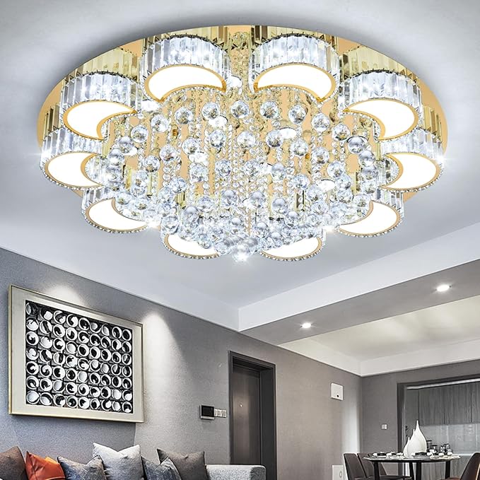 39.4" Gold Modern Crystal Chandeliers for Dining Room LED Dimmable Light Fixtures Flush Mount Light Living Room Bedrooms