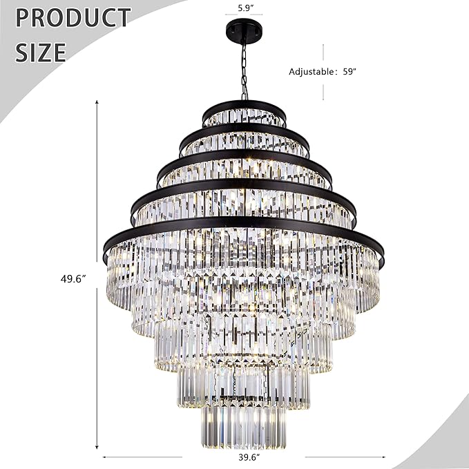 Wellmet Extra Large Crystal Chandelier, Black 9-Tier Luxury Crystal Chandelier, for Living Room, Dining Room, Porch, Entryway, Hallway, Restaurant, 40''W