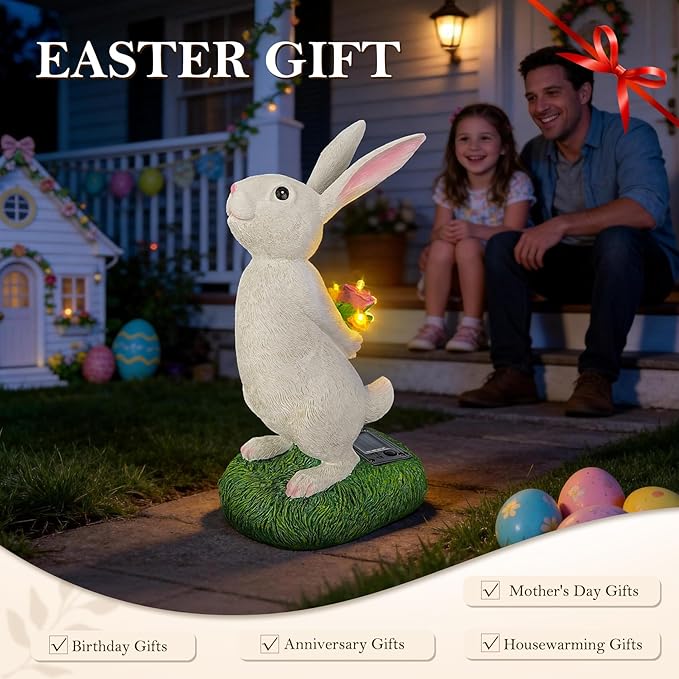 Cute Solar Bunny Garden Statue with Warm LED Flower Lights, Handcrafted Outdoor Rabbit Decor for Patio, Balcony, Yard, Lawn, Ideal Easter, Birthday & Holiday Gifts for Women, Mom