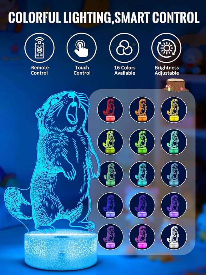Lampeez Groundhog 3D Night Light for Kids, LED 16 Colors Remote Control Changing Touch Dimmable Table Desk Lamp, Cute Animal Gifts for Groundhog Lovers Animal Fans