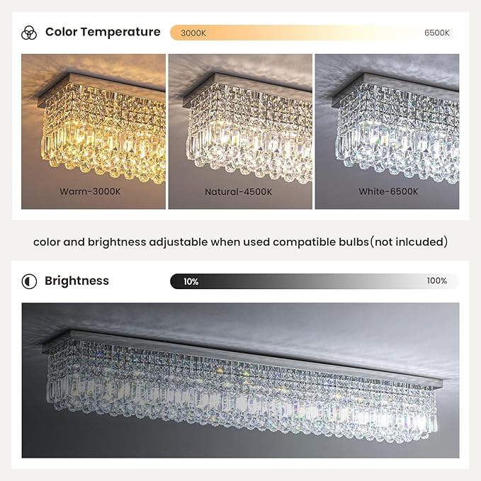 7PM Rectangular Chandelier, Modern Dining Room Light Fixture with Raindrop Chandelier Crystals, 13-Light Flush Mount Rectangle Chandelier for Dining Room Kitchen,Chrome Finish L59'' x W10'' x H9''