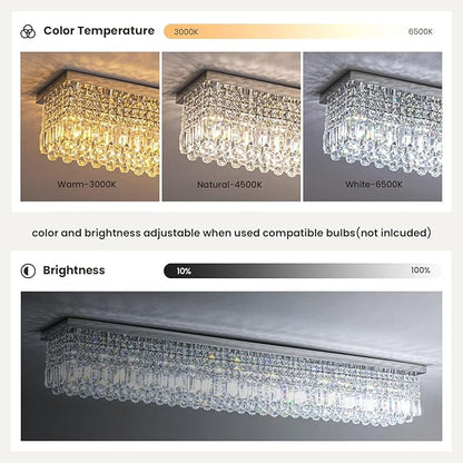 7PM Rectangular Chandelier, Modern Dining Room Light Fixture with Raindrop Chandelier Crystals, 13-Light Flush Mount Rectangle Chandelier for Dining Room Kitchen,Chrome Finish L59'' x W10'' x H9''