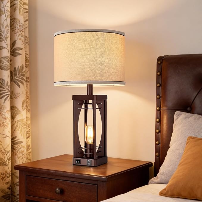 SRJJA Farmhouse Table Lamps Set of 2 for Living Room, Rustic Bedside Nightstand Lamps with USB A+C Charging Ports, 22.5" Dual Light Industrial Table Lamp with Linen Shade for Bedroom End Tables