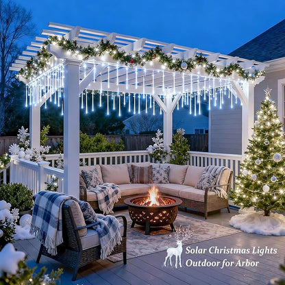 JMEXSUSS White Solar Christmas Lights, 8 Tube 144 LEDs Solar Meteor Shower Lights Outdoor, White Christmas Light for Tree Wedding Xmas Holiday Party Patio GazeboDecor