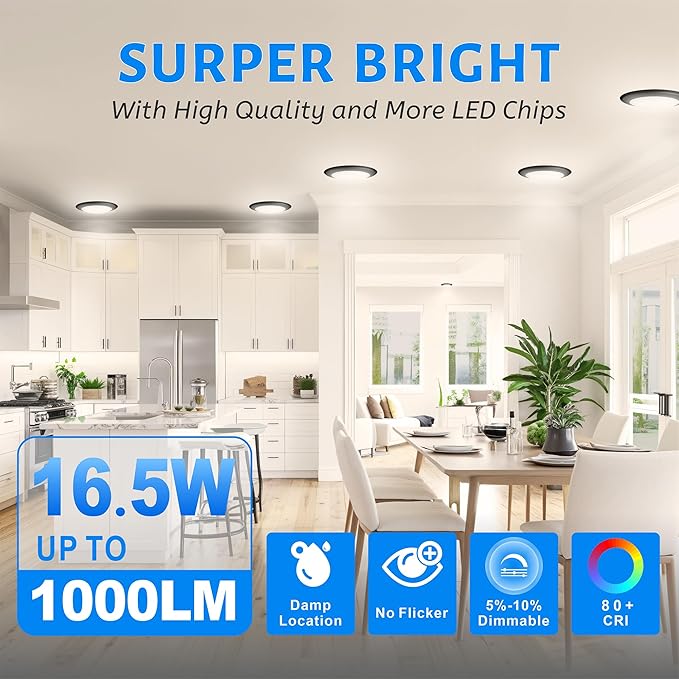 ECOELER 5/6” LED Disk Lights, Dimmable Flush Mount Ceiling Light Fixture, 3000K Warm White, 16.5W, 1000LM, Black Trim Low Profile Surface Mount, ETL & FCC Listed