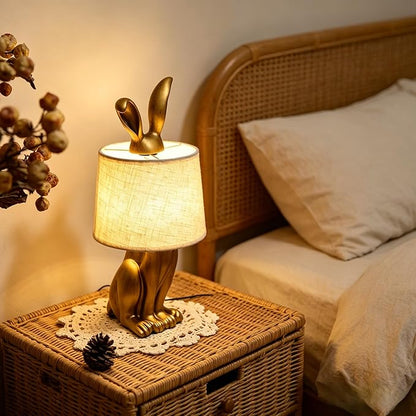 YHT Bunny Table Lamp, Cute Animal Rabbit Lamp,15.7" Vintage LED Desk Light with Linen Lampshade,Gold Main Part Beside Lamp for Bedroom, Study Room, Office, Nursery, Home Decor (Linen)