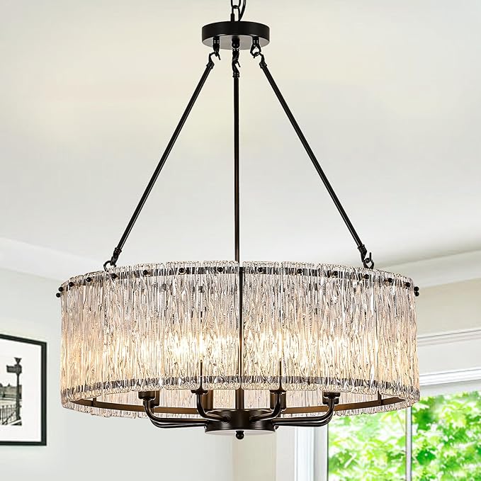CATINER Modern Drum Chandelier 24.4" Black Crystal Glass Chandeliers 8-Light Luxury Ceiling Pendant Lighting Fixture for Dining Room Foyer Living Room Bedroom