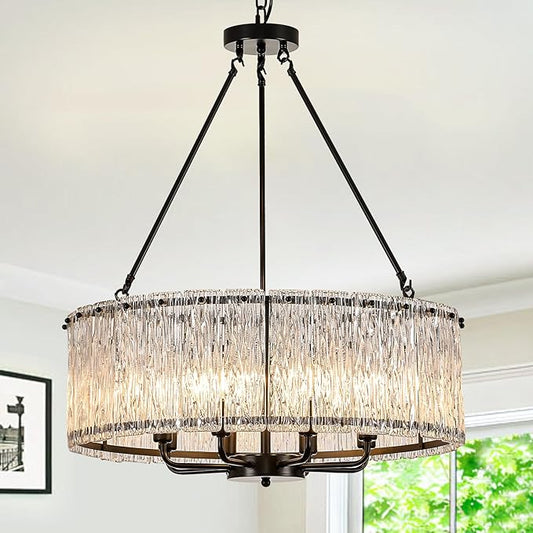 CATINER Modern Drum Chandelier 24.4" Black Crystal Glass Chandeliers 8-Light Luxury Ceiling Pendant Lighting Fixture for Dining Room Foyer Living Room Bedroom
