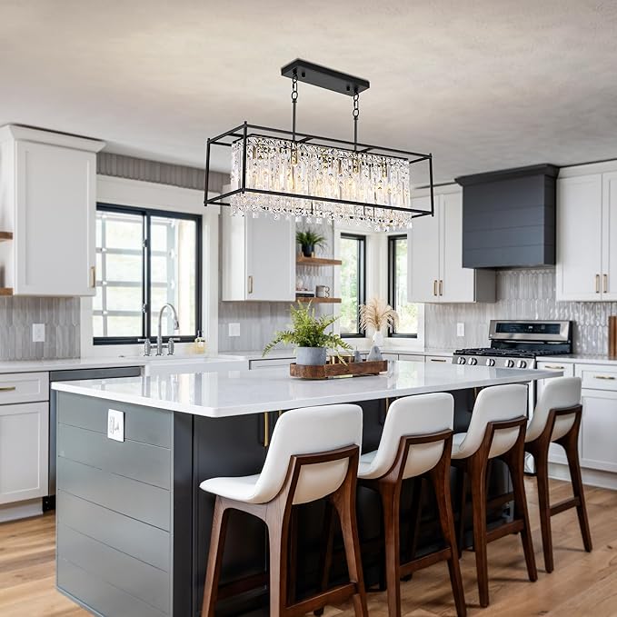 Modern Black Crystal Chandeliers For Dining Room, 36" Large Rectangle Water Ripple Glass Pendant Elegant Linear Lighting for Kitchen Island Dining Room LivingRoom Flat Inclined Ceiling,L36 x W11 x H19