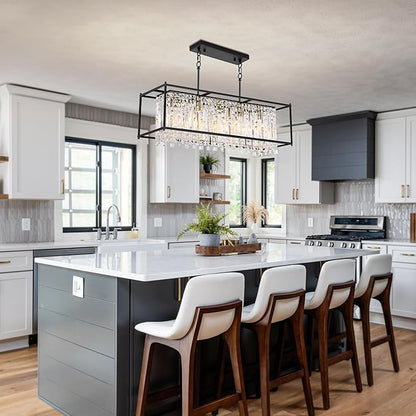 Modern Black Crystal Chandeliers For Dining Room, 36" Large Rectangle Water Ripple Glass Pendant Elegant Linear Lighting for Kitchen Island Dining Room LivingRoom Flat Inclined Ceiling,L36 x W11 x H19